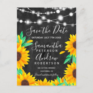black chalk string lights sunflowers save the date announcement postcard