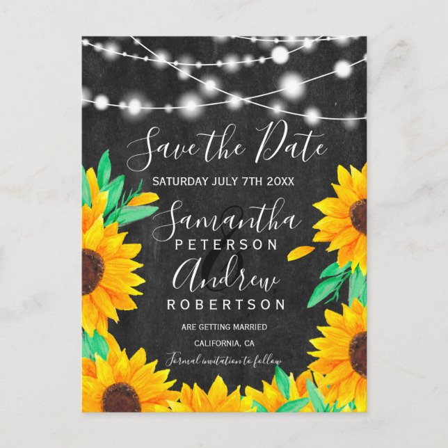 black chalk string lights sunflowers save the date announcement postcard (Front)