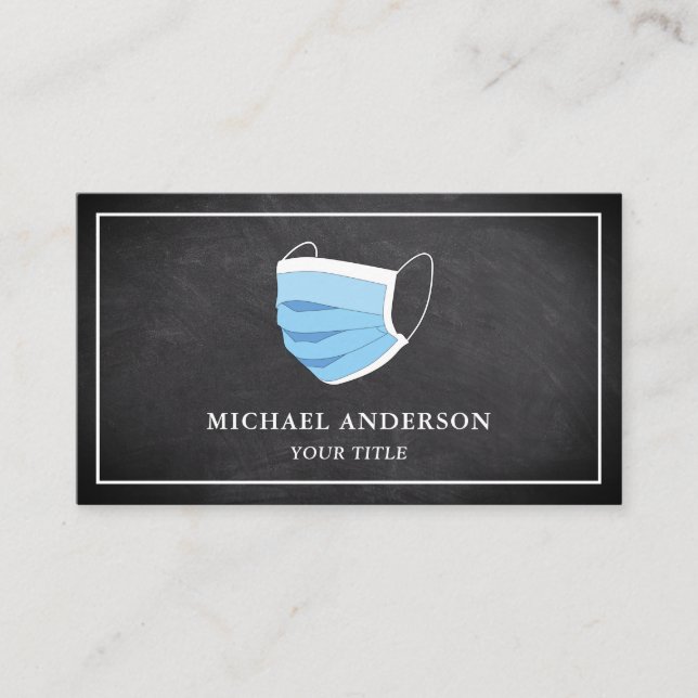 Black Chalkboard Blue Face Mask Business Card (Front)