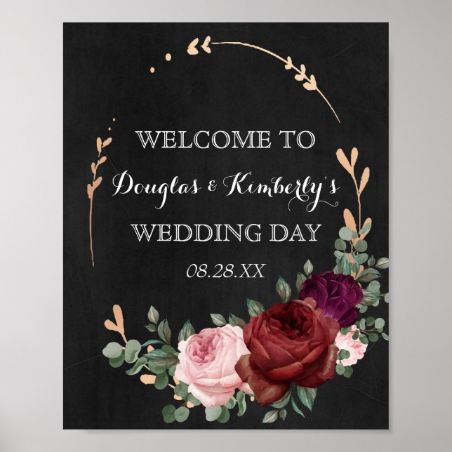 Black Chalkboard Burgundy Gold Rose Boho Wedding Poster (Front)