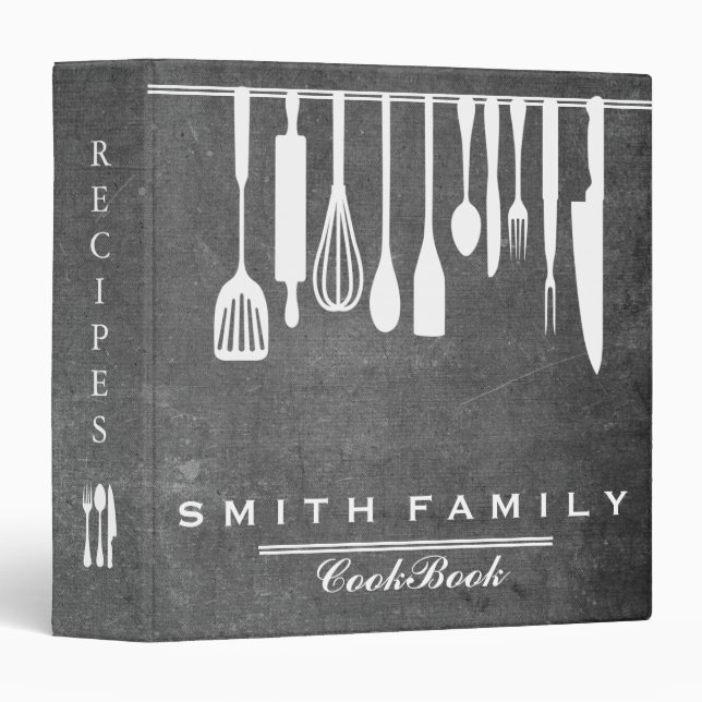 Black Chalkboard Family Recipe Cookbook 3 Ring Bin Binder (Front/Spine)