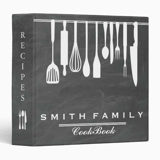 Black Chalkboard Family Recipe Cookbook 3 Ring Bin Binder (Front/Spine)