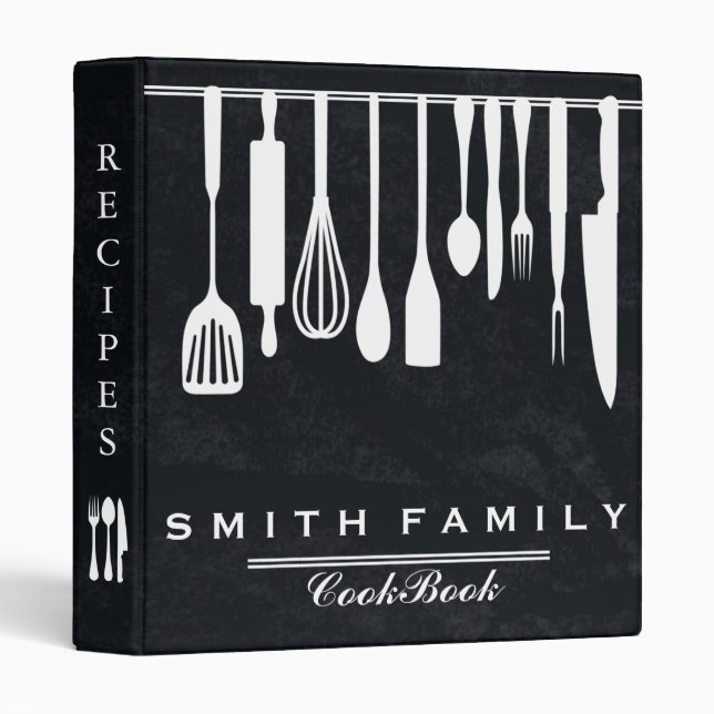 Black Chalkboard Family Recipe Utensils Cookbook Binder (Front/Spine)