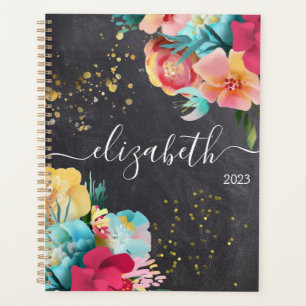 Black Chalkboard Floral Girly Name Any Year Planner