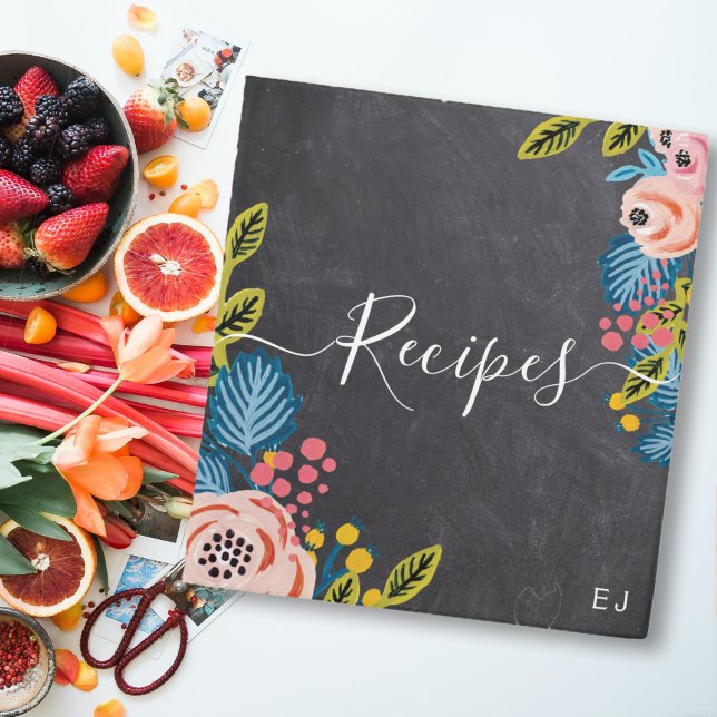 Black Chalkboard Florals Girly Monogram Recipe Binder (Creator Uploaded)