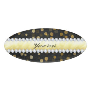 Black Chalkboard Gold Confetti Diamonds Name Tag