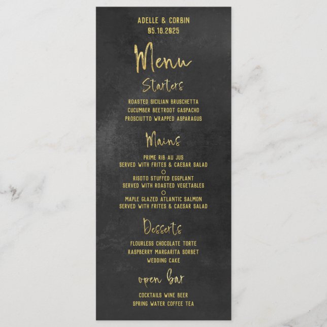 Black Chalkboard & Gold Fancy Calligraphy Script Menu (Front)