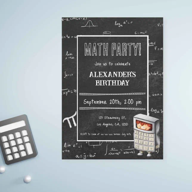 Black Chalkboard Math Formulas Calculator Birthday Invitation | Zazzle