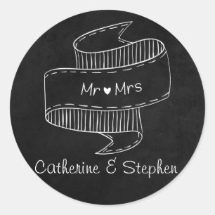 Black Chalkboard Mr & Mrs Wedding Personalized Classic Round Sticker