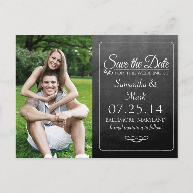 Black Chalkboard Photo Save the Date Announcement Postcard (Front)