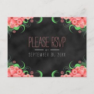 Black Chalkboard Pink Floral RSVP Reply Postcards