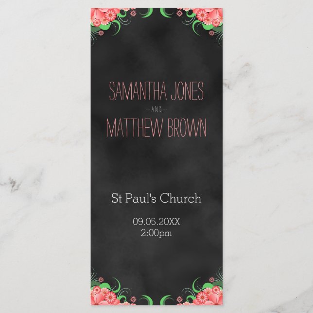 Black Chalkboard Pink Floral Wedding Program Cards (Front)