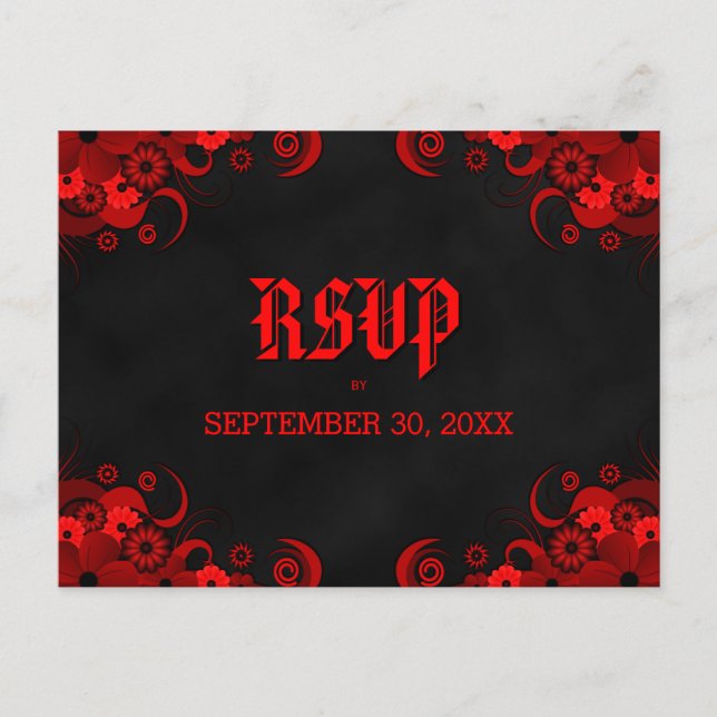 Black Chalkboard Red Floral RSVP Reply Postcards (Front)