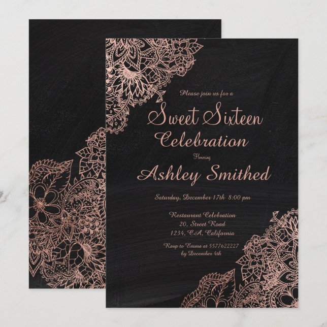 Black chalkboard rose gold floral Sweet 16 Invitation (Front/Back)