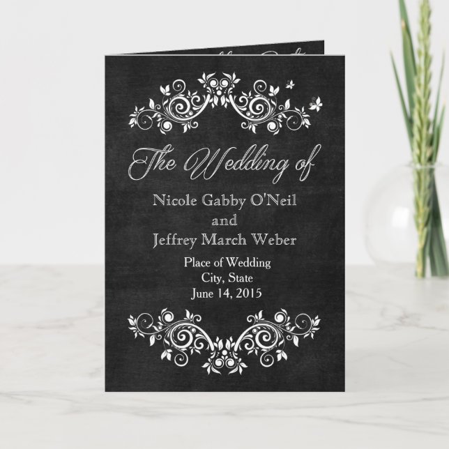 Black Chalkboard Rustic White Flourishes Wedding Program (Front)