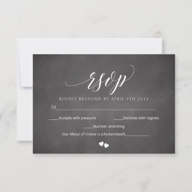 Black Chalkboard Wedding RSVP Script Response Card (Front)