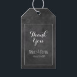 Black chalkboard wedding thank you favour gift tag<br><div class="desc">Black chalkboard wedding thank you favour gift tags. Vintage blackboard texture present tags for wedding party or bridal shower. Create your own personalized labels with name or monogram and date of marriage. Cute retro design with elegant script typography for thanks message, name of bride and groom / newly weds couple....</div>