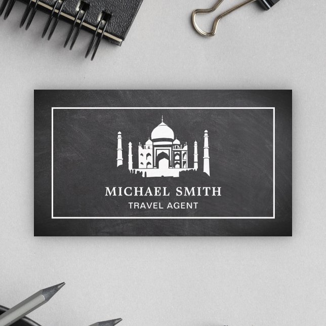 Black Chalkboard White Taj Mahal Travel Agent Business Card (Creator Uploaded)