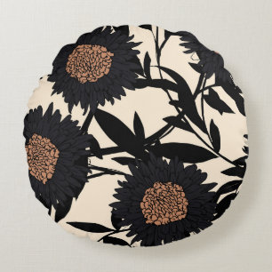 Black chamomile, gerbera: cream background. round pillow