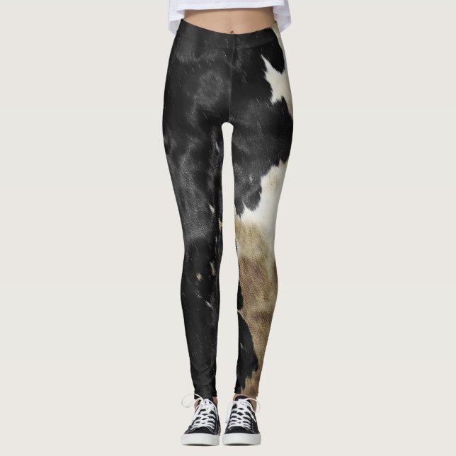 Black Champagne Gold Cowboy Cowgirl Cowhide   Leggings (Front)