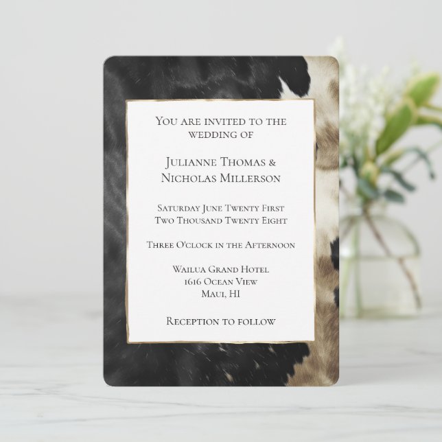 Black Champagne Gold Cowhide Wedding Invitation (Standing Front)