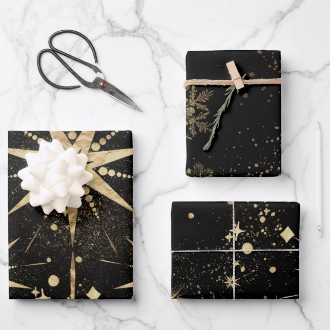 Black & Champagne Gold Starbursts & Stardust Wrapping Paper Sheet (Front)