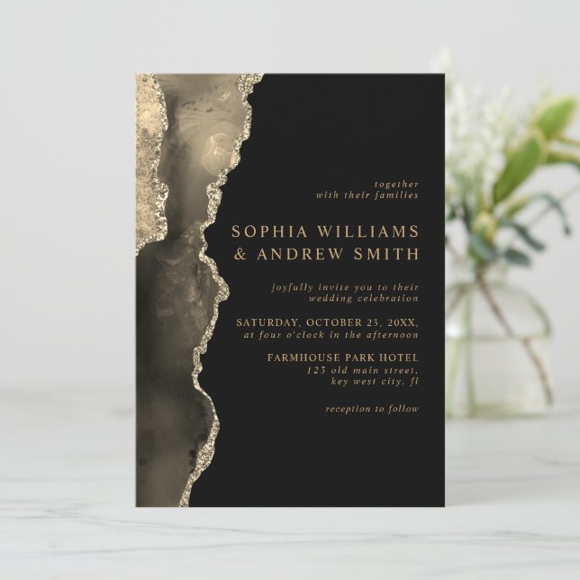 Black & Champagne Gold Wedding Invitation (Standing Front)