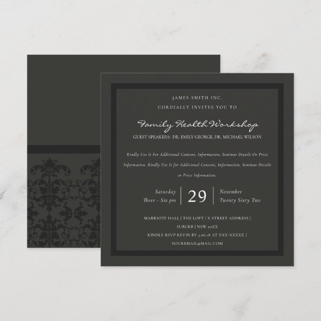 BLACK CHARCOAL DAMASK CLASSIC WORKSHOP EVENT INVITATION (Front/Back)