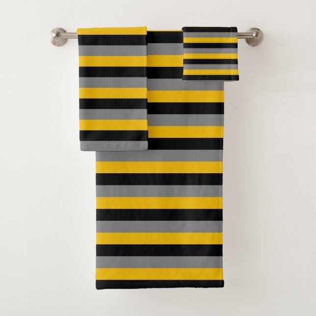 Black, Charcoal Grey and Gold Stripes Bath Towel Set (Insitu)