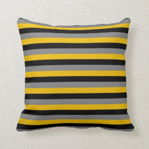 Black, Charcoal Grey and Gold Stripes Throw Pillow