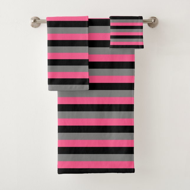 Black, Charcoal Grey and Hot Pink Stripes Bath Towel Set (Insitu)
