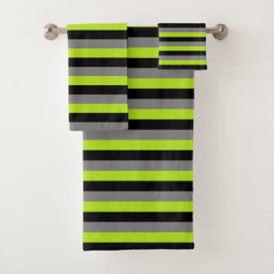 Black, Charcoal Grey and Lime Green Stripes Bath Towel Set