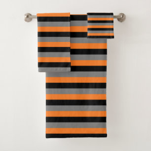 Black, Charcoal Grey and Orange Stripes Bath Towel Set
