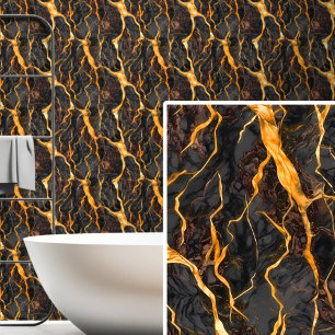 Black Charcoal Grey Brown & Bright Gold Marbled  Wallpaper