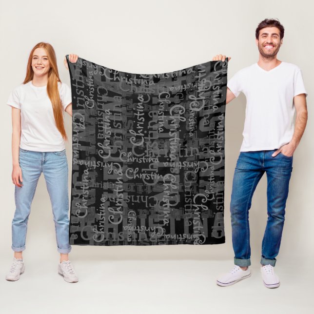 Black Charcoal Grey Name Collage Personalized Fleece Blanket (In Situ)