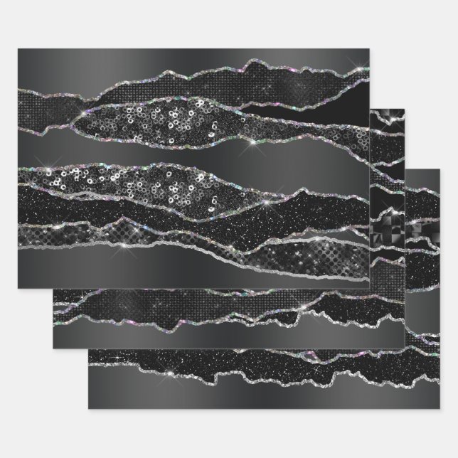 Black charcoal grey silver foil glitter classy  wrapping paper sheet (Set)