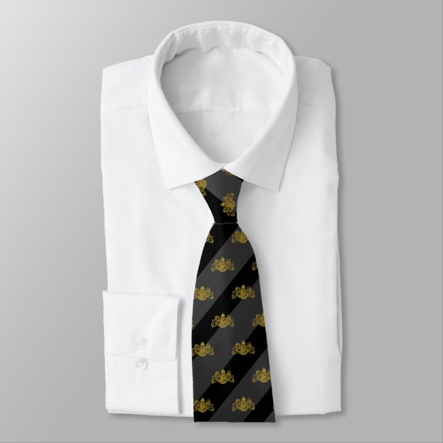 Black & Charcoal Grey Stripe Gold Lion Emblem Tie (Tied)