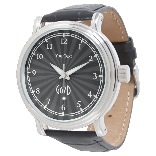 Black Charcoal Sunburst Dial Text and Monogram Watch (Angled)