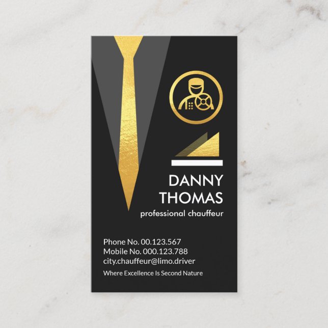 Black Chauffeur Suit Gold Tie Business Card (Front)