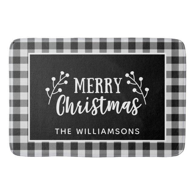 Black Check Merry Christmas  Farmhouse Door Bath Mat (Front)