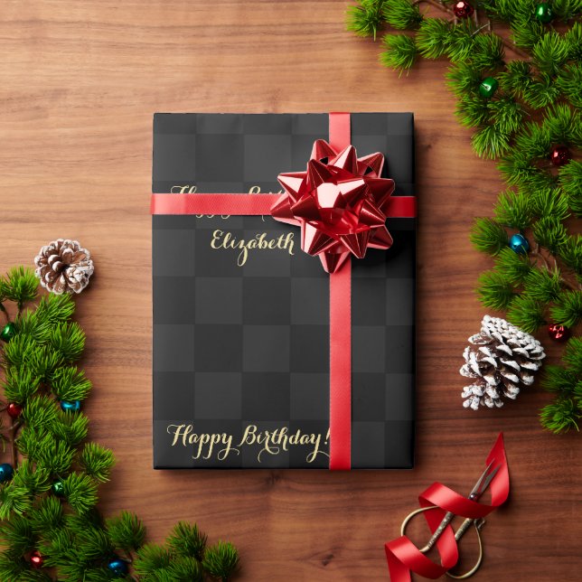 Black Check Pattern Modern Custom Faux Gold Script Wrapping Paper (Holiday Gift)