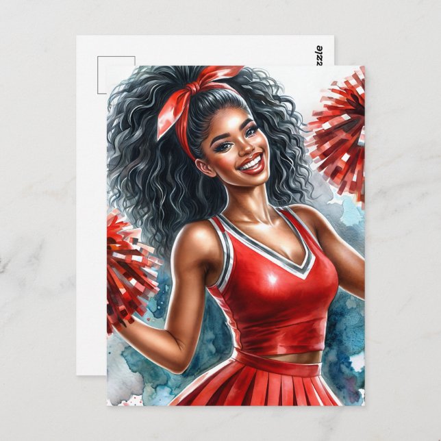Black Cheerleader In Red Watercolor Postcard (Front/Back)