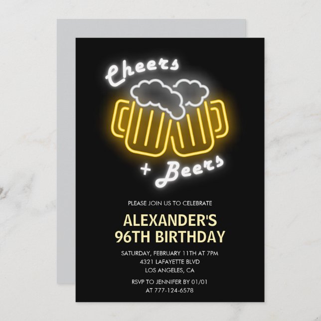 Black Cheers and Beers Drinks 96th birthday Invitation (Front/Back)