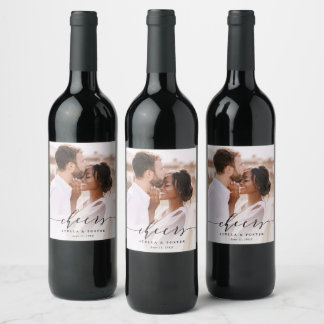 Black Cheers Elegant Calligraphy Wedding Photo Wine Label