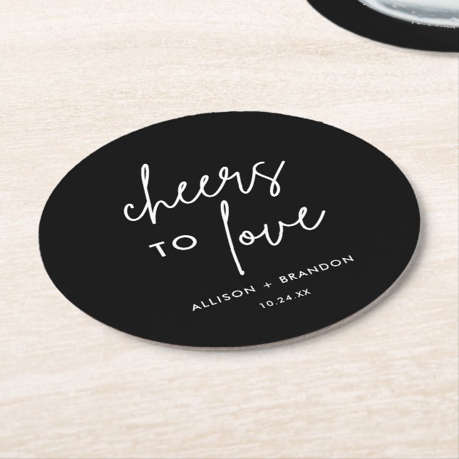 Black Cheers To Love Personalized Wedding Round Paper Coaster (Angled)