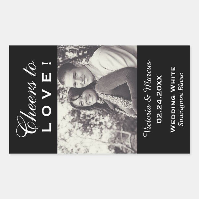 Black Cheers to Love Wedding Photo Wine Bottle Sticker (Front)