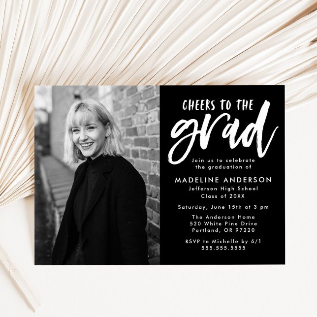 Black | Cheers to the Grad Script Graduation Party Invitation (Creator Uploaded)