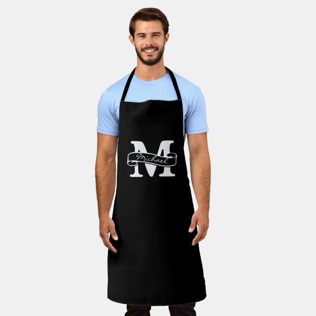 Black Chef Apron - Custom Name Monogram Gift (Worn)