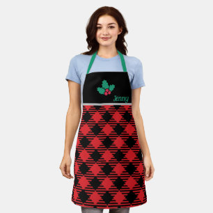 Black Chef Christmas Apron - Red Plaid Personalize