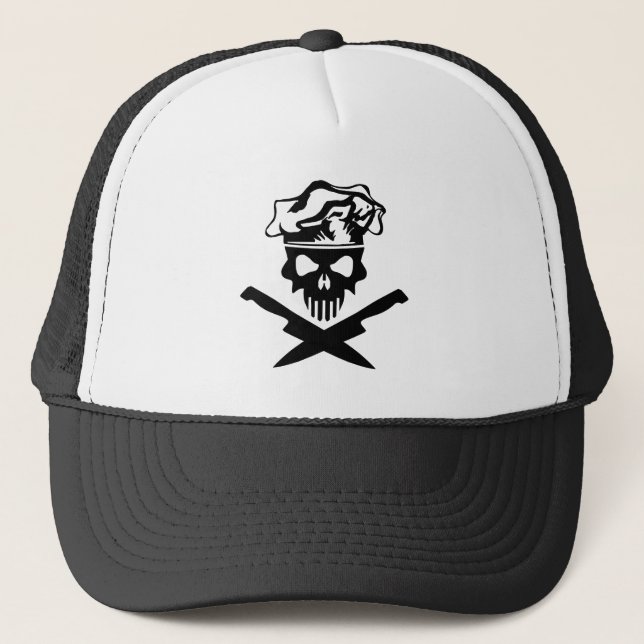 Black Chef Skull and Chef Knives Trucker Hat (Front)